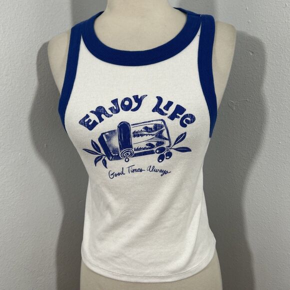 Old Navy Crop Tank Top Womens Medium White Sleeveless Graphic Ribbed Y2K‎ - Picture 1 of 7